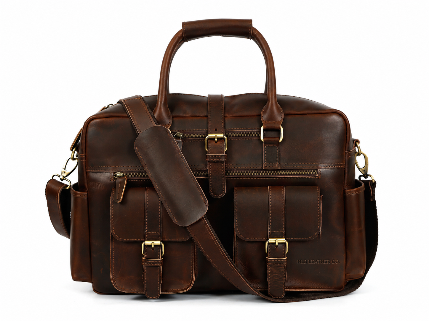 Blue Full-Grain Buffalo Leather Messenger Bag for Men