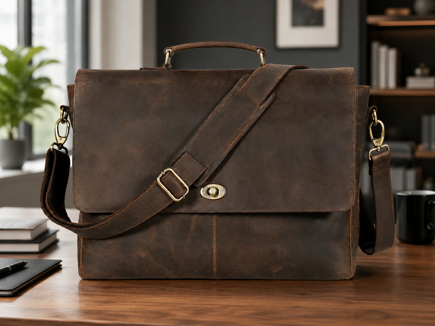 Brown Full-Grain Buffalo Leather Messenger Bag