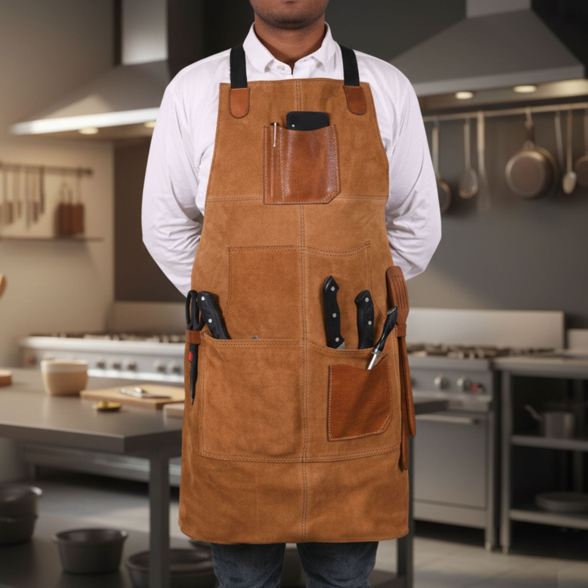 Light Brown Suede Leather Work Apron with Utility Pockets
