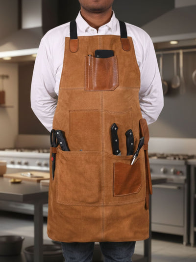 Light Brown Suede Leather Work Apron with Utility Pockets