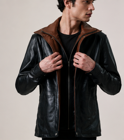Men’s Black Sheepskin Leather Coat with Shirt Collar