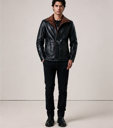 Men’s Black Sheepskin Leather Coat with Shirt Collar