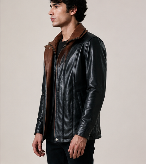 Men’s Black Sheepskin Leather Coat with Shirt Collar