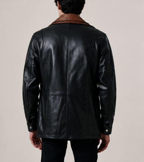 Men’s Black Sheepskin Leather Coat with Shirt Collar