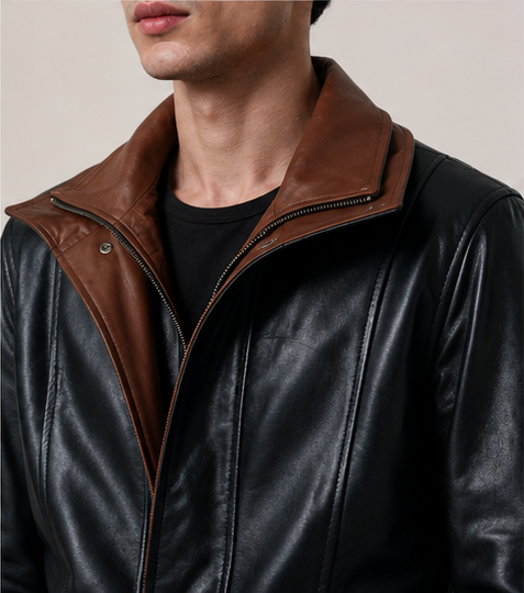 Men’s Black Sheepskin Leather Coat with Shirt Collar