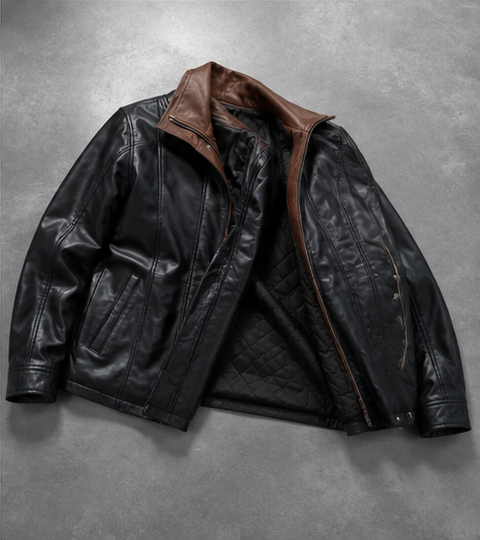 Men’s Black Sheepskin Leather Coat with Shirt Collar