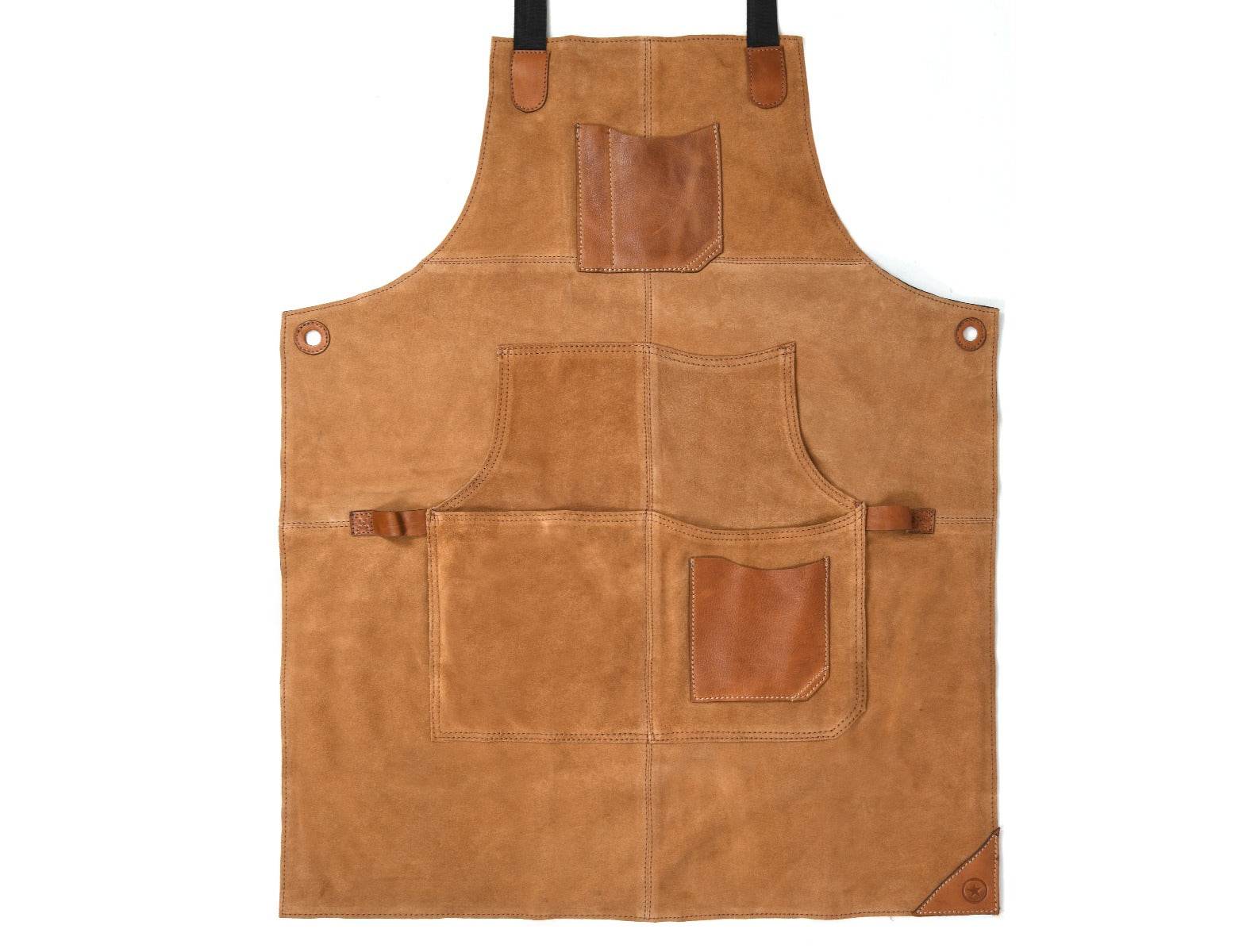 Light Brown Suede Leather Work Apron with Utility Pockets