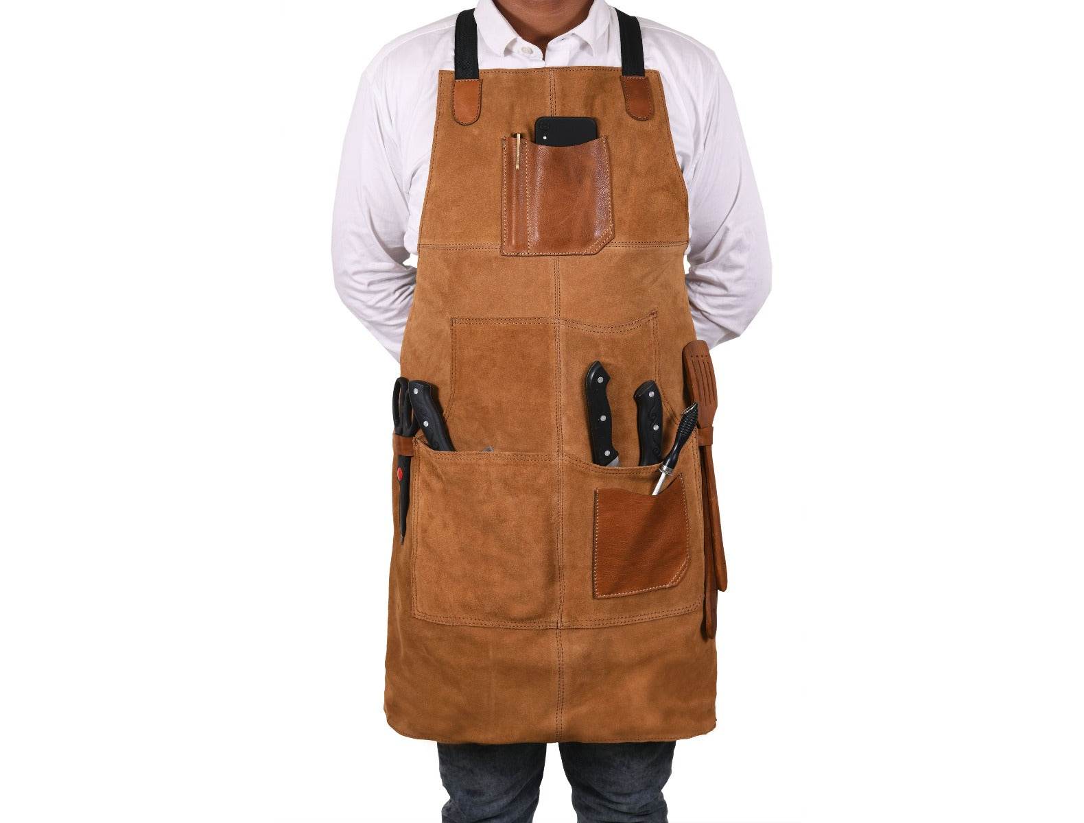 Light Brown Suede Leather Work Apron with Utility Pockets