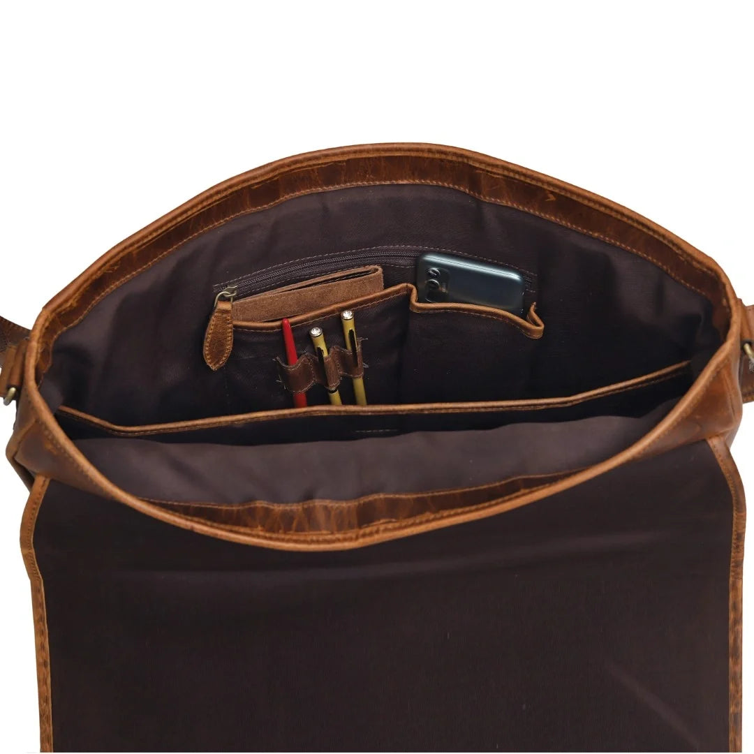 Tan Full-Grain Buffalo Leather Laptop Messenger Bag