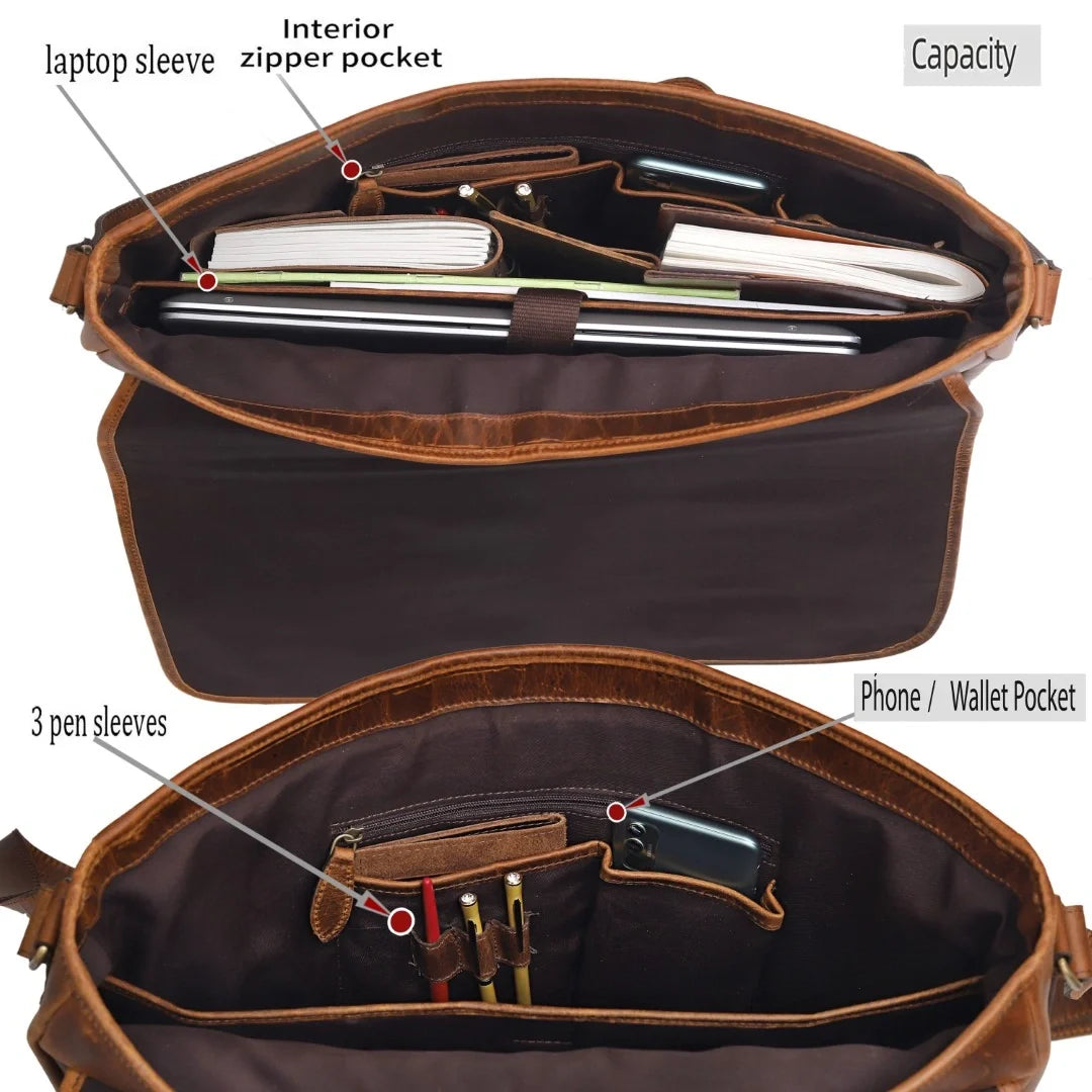 Tan Full-Grain Buffalo Leather Laptop Messenger Bag