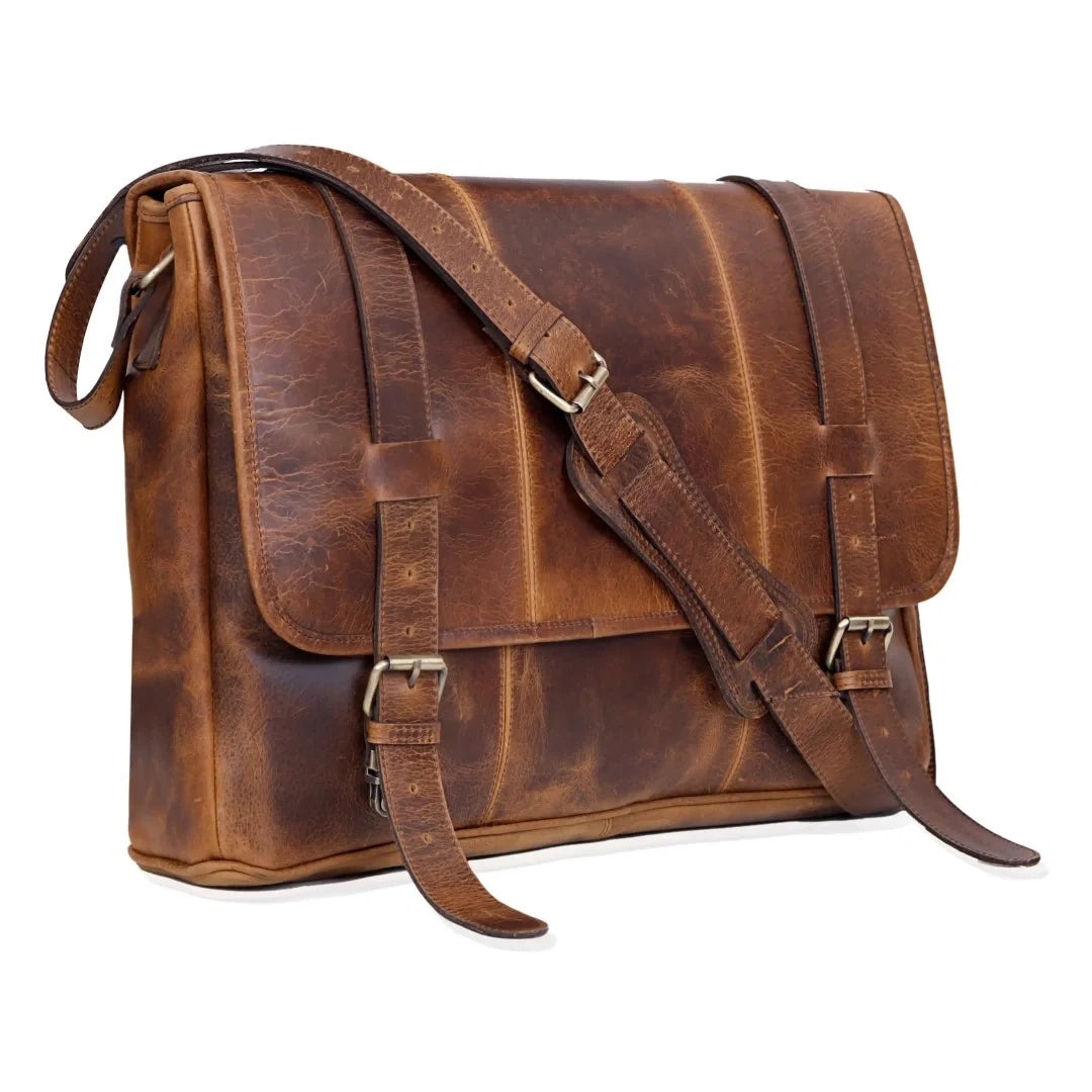 Tan Full-Grain Buffalo Leather Laptop Messenger Bag