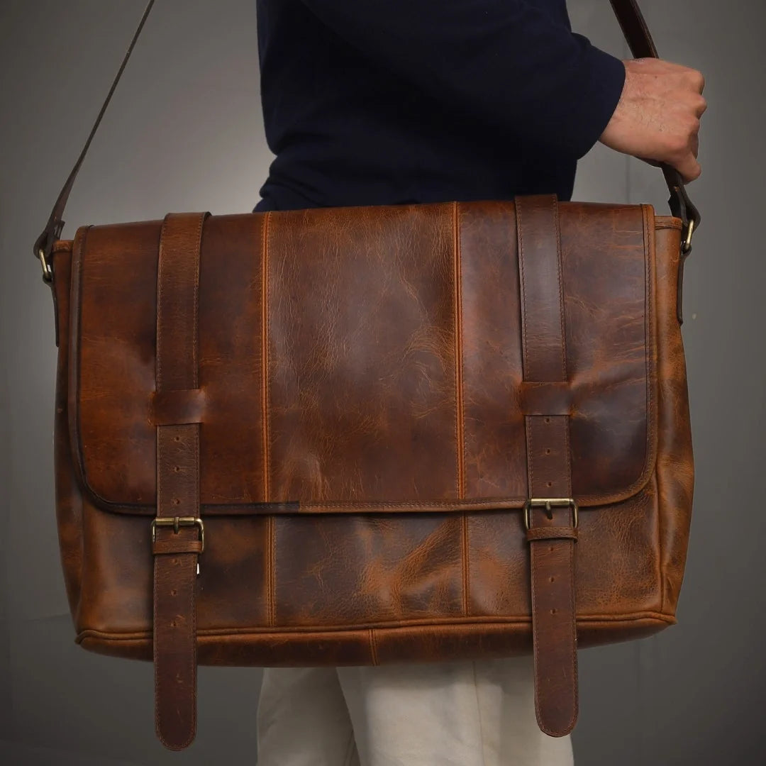 Tan Full-Grain Buffalo Leather Laptop Messenger Bag