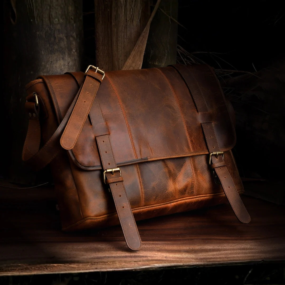 Tan Full-Grain Buffalo Leather Laptop Messenger Bag