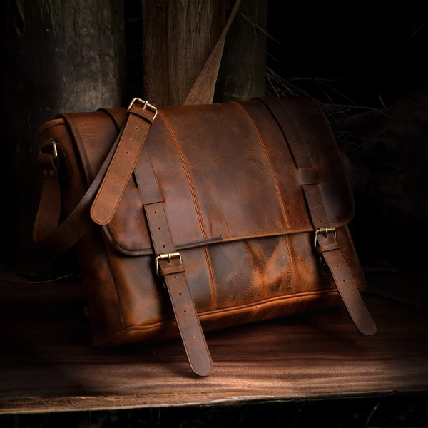 Tan Full-Grain Buffalo Leather Laptop Messenger Bag