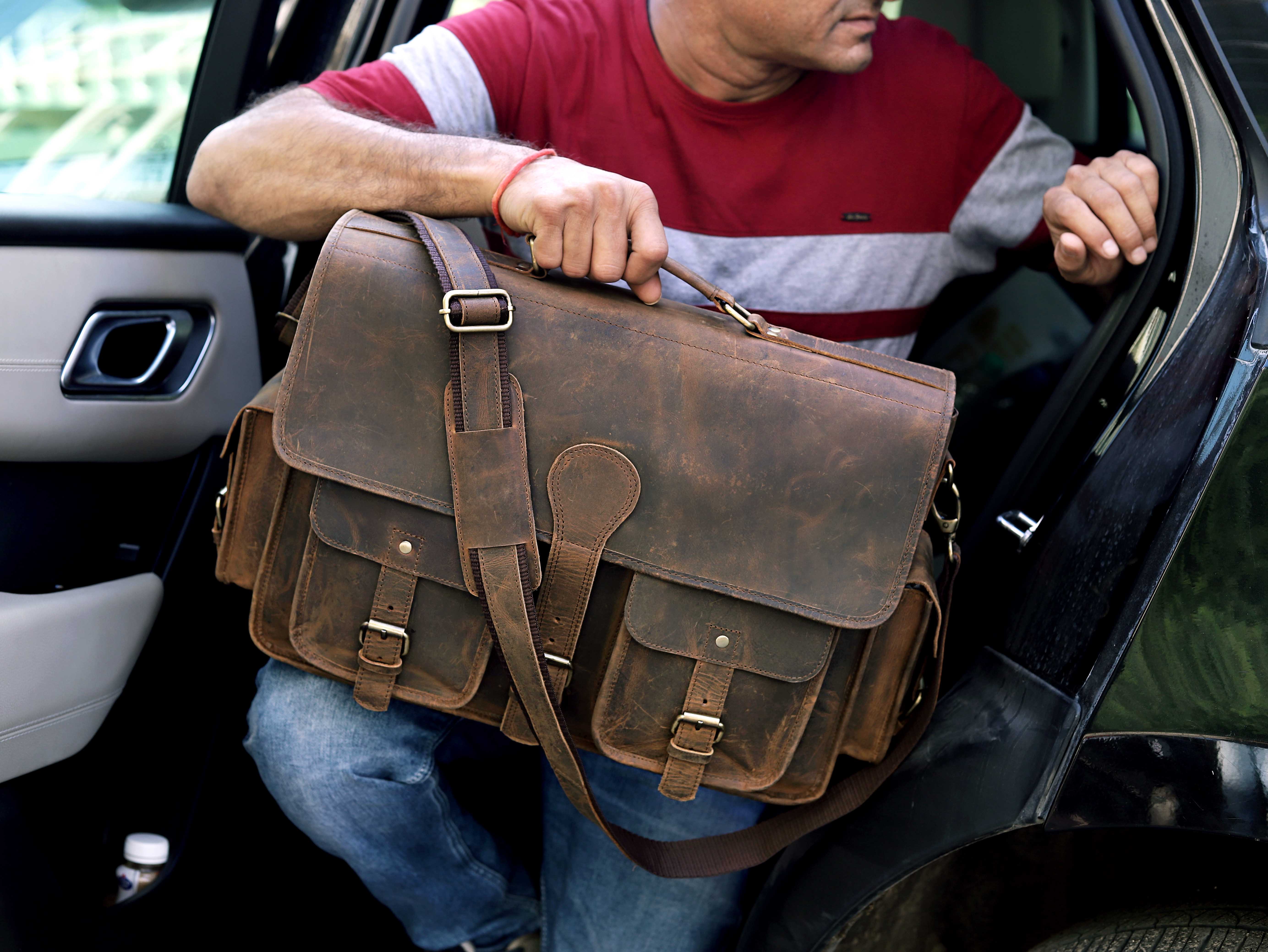 Vintage Brown Buffalo Leather Laptop Messenger Bag