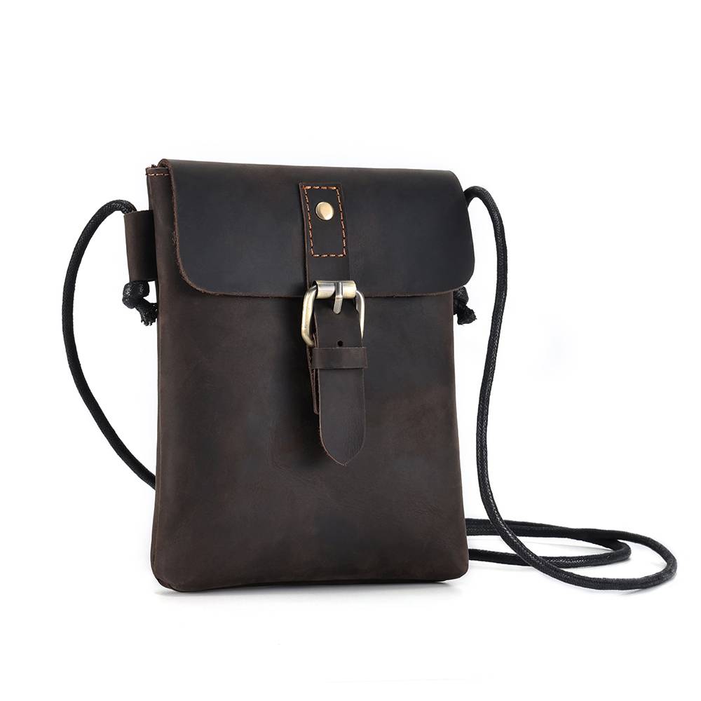 Unisex Full-Grain Leather Crossbody Phone Bag – Vintage Buckle Shoulder Purse
