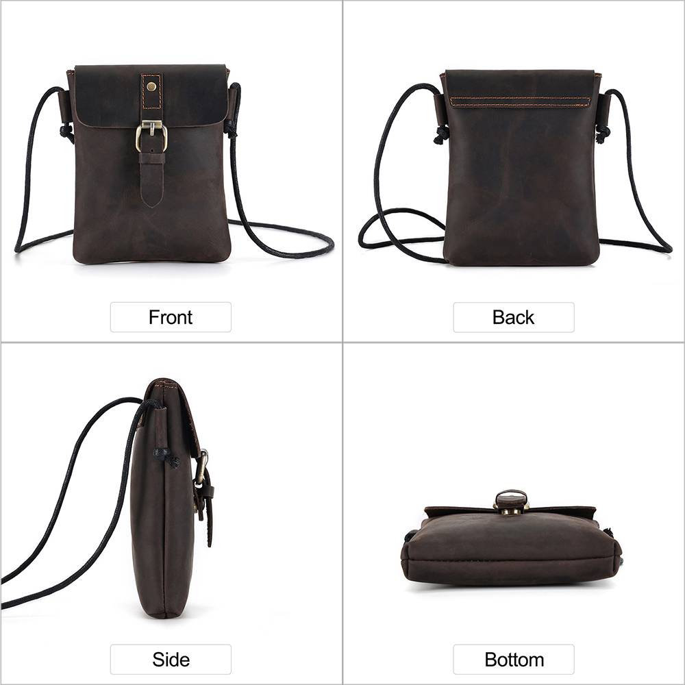 Unisex Full-Grain Leather Crossbody Phone Bag – Vintage Buckle Shoulder Purse
