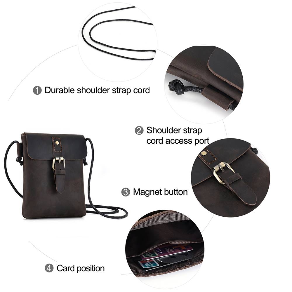 Unisex Full-Grain Leather Crossbody Phone Bag – Vintage Buckle Shoulder Purse