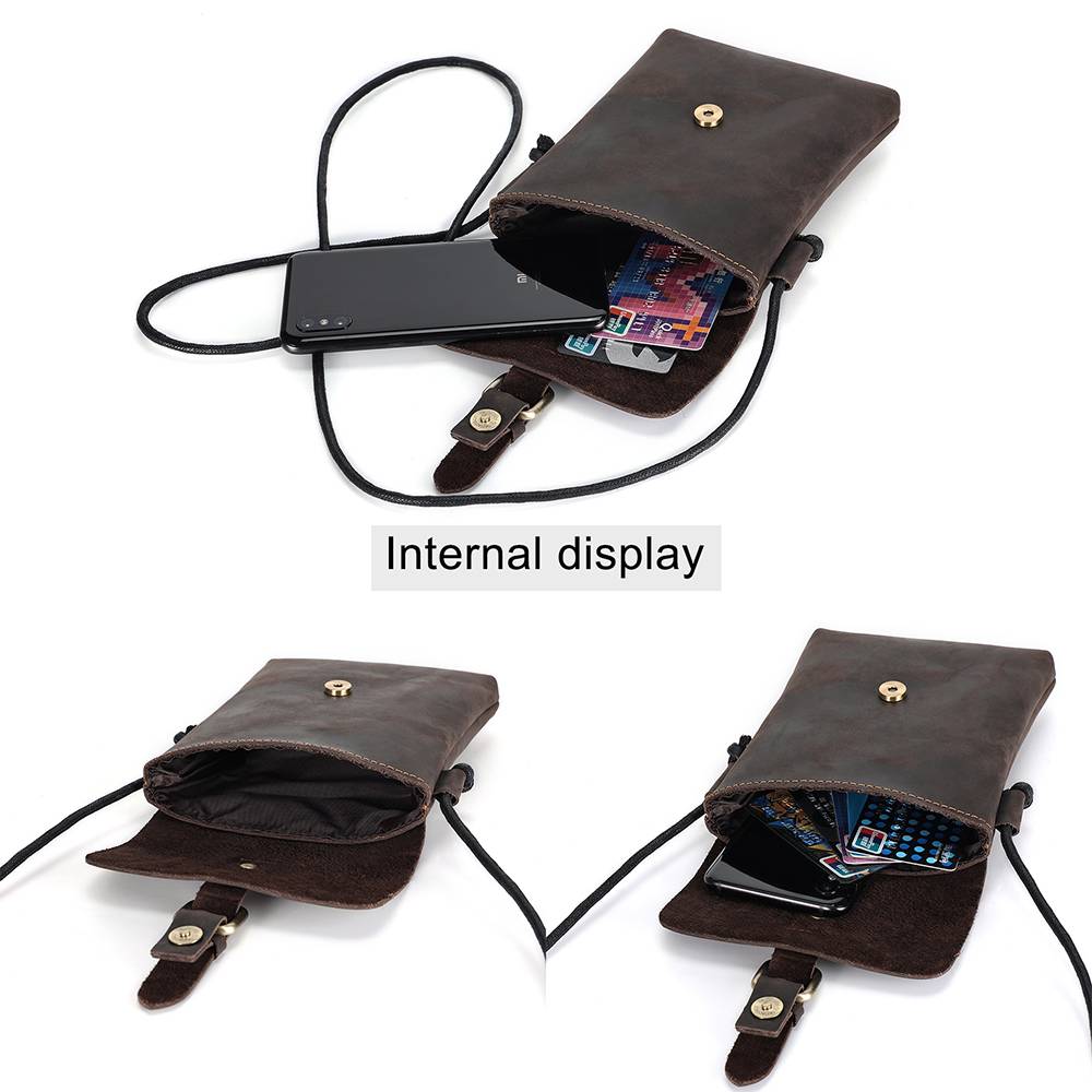 Unisex Full-Grain Leather Crossbody Phone Bag – Vintage Buckle Shoulder Purse