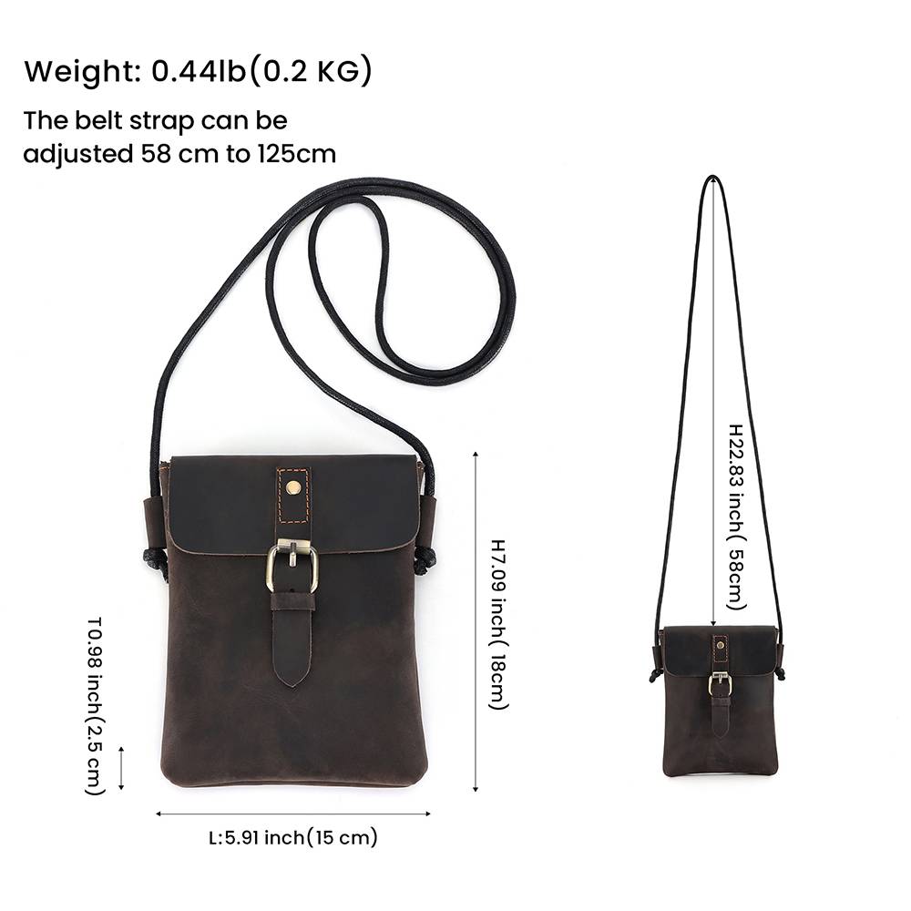 Unisex Full-Grain Leather Crossbody Phone Bag – Vintage Buckle Shoulder Purse