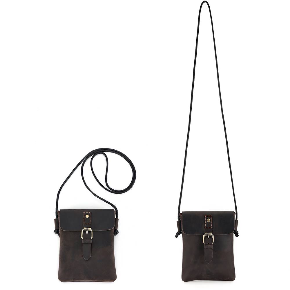 Unisex Full-Grain Leather Crossbody Phone Bag – Vintage Buckle Shoulder Purse