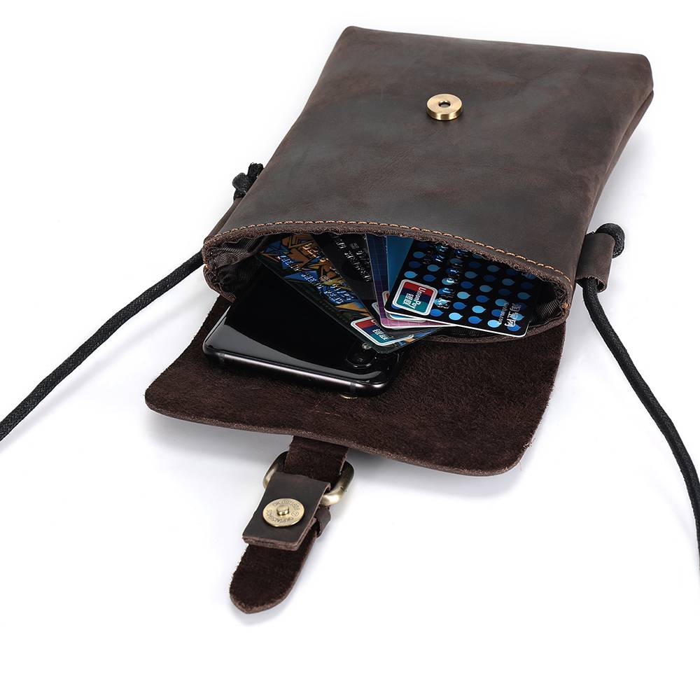 Unisex Full-Grain Leather Crossbody Phone Bag – Vintage Buckle Shoulder Purse