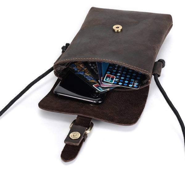 Unisex Full-Grain Leather Crossbody Phone Bag – Vintage Buckle Shoulder Purse