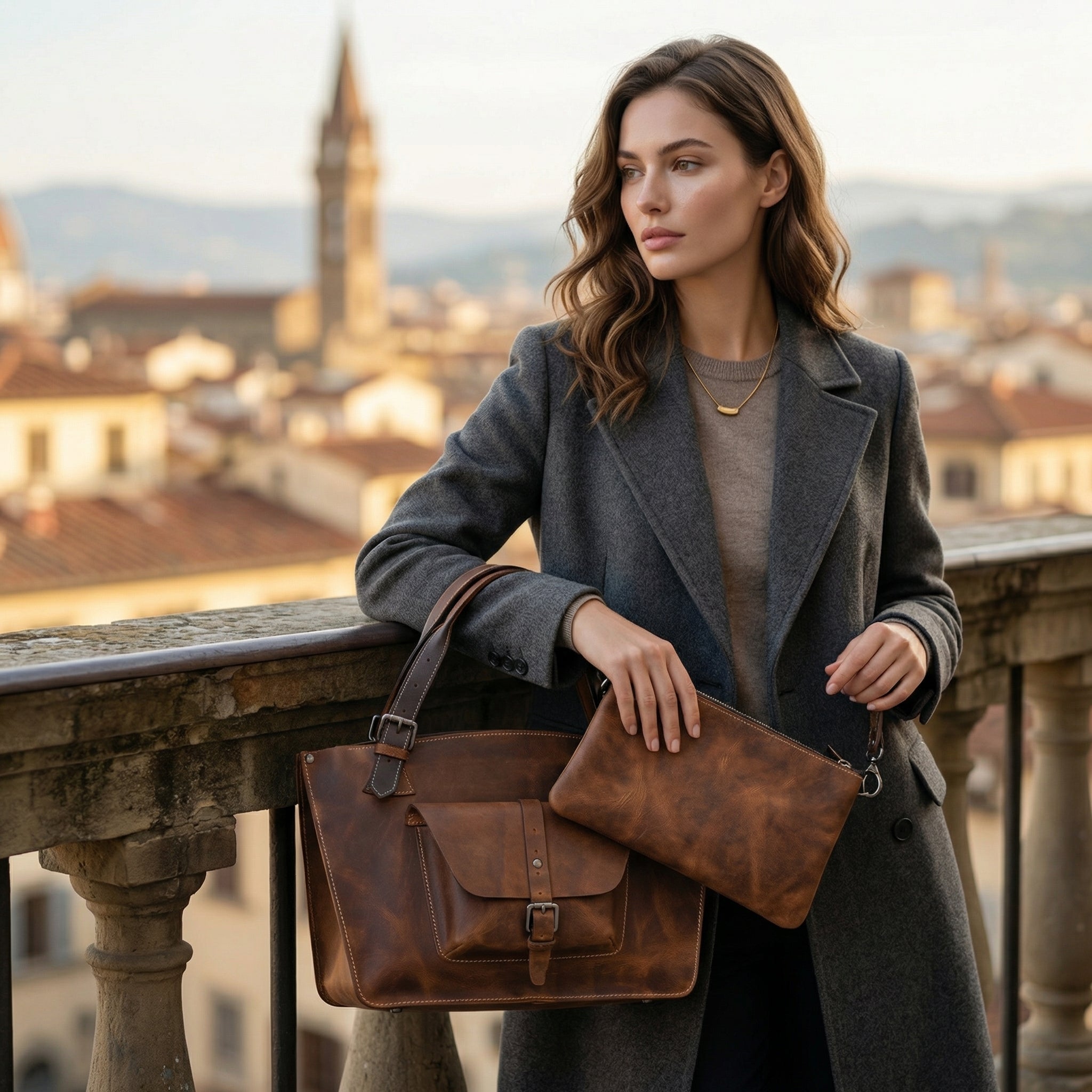 Vintage Leather Satchel Tote with Crossbody Strap